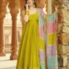 DKT 5137 Olive Green Roman Simmer Silk Festival Gown Sharara with Multicolor Dupatta