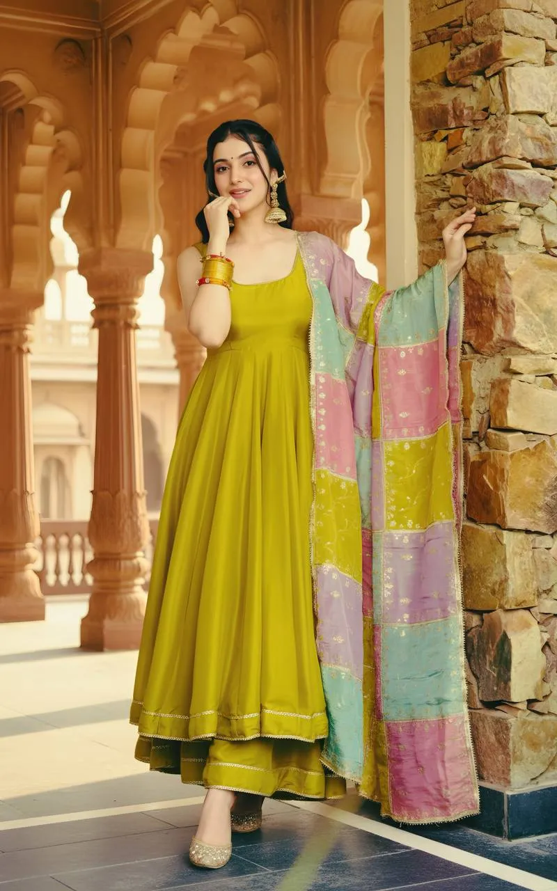 DKT 5137 Olive Green Roman Simmer Silk Festival Gown Sharara with Multicolor Dupatta