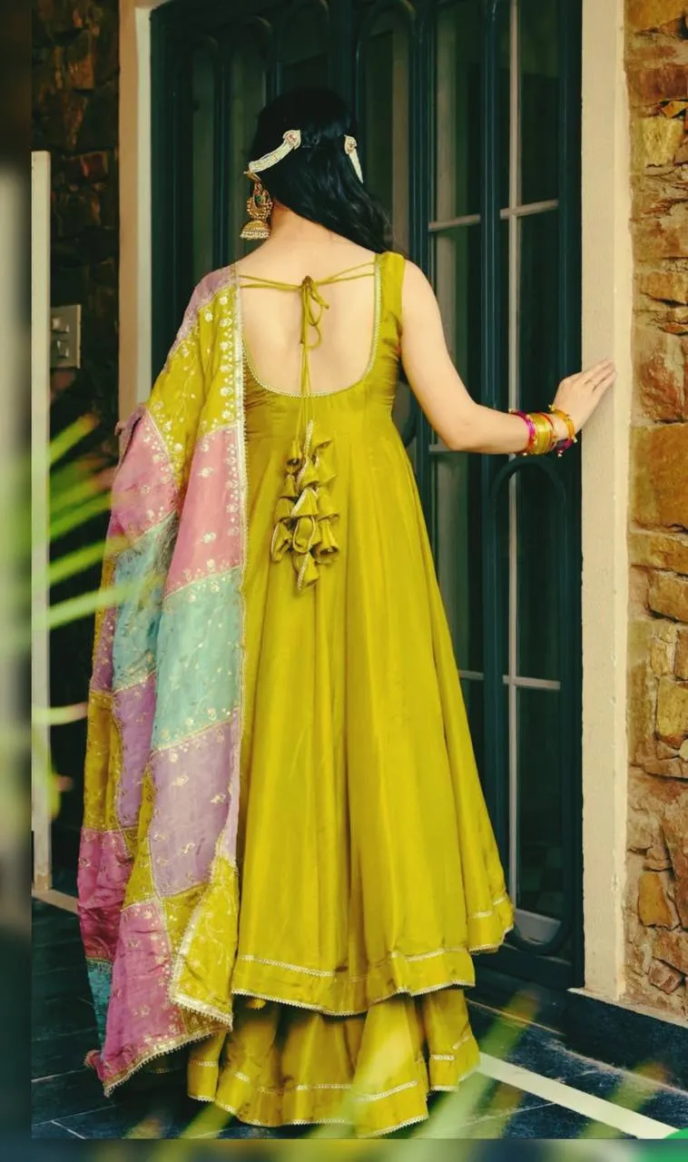 DKT 5137 Olive Green Roman Simmer Silk Festival Gown Sharara with Multicolor Dupatta