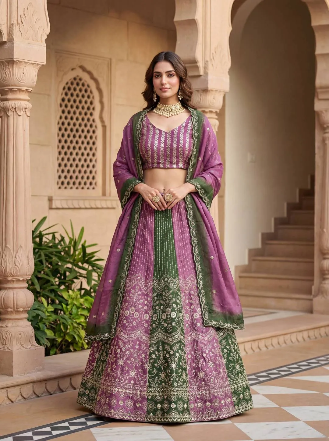 DKT 5147 Chinon Embroidery Work Wedding Lehenga Choli with Designer Dupatta – Purple & Green