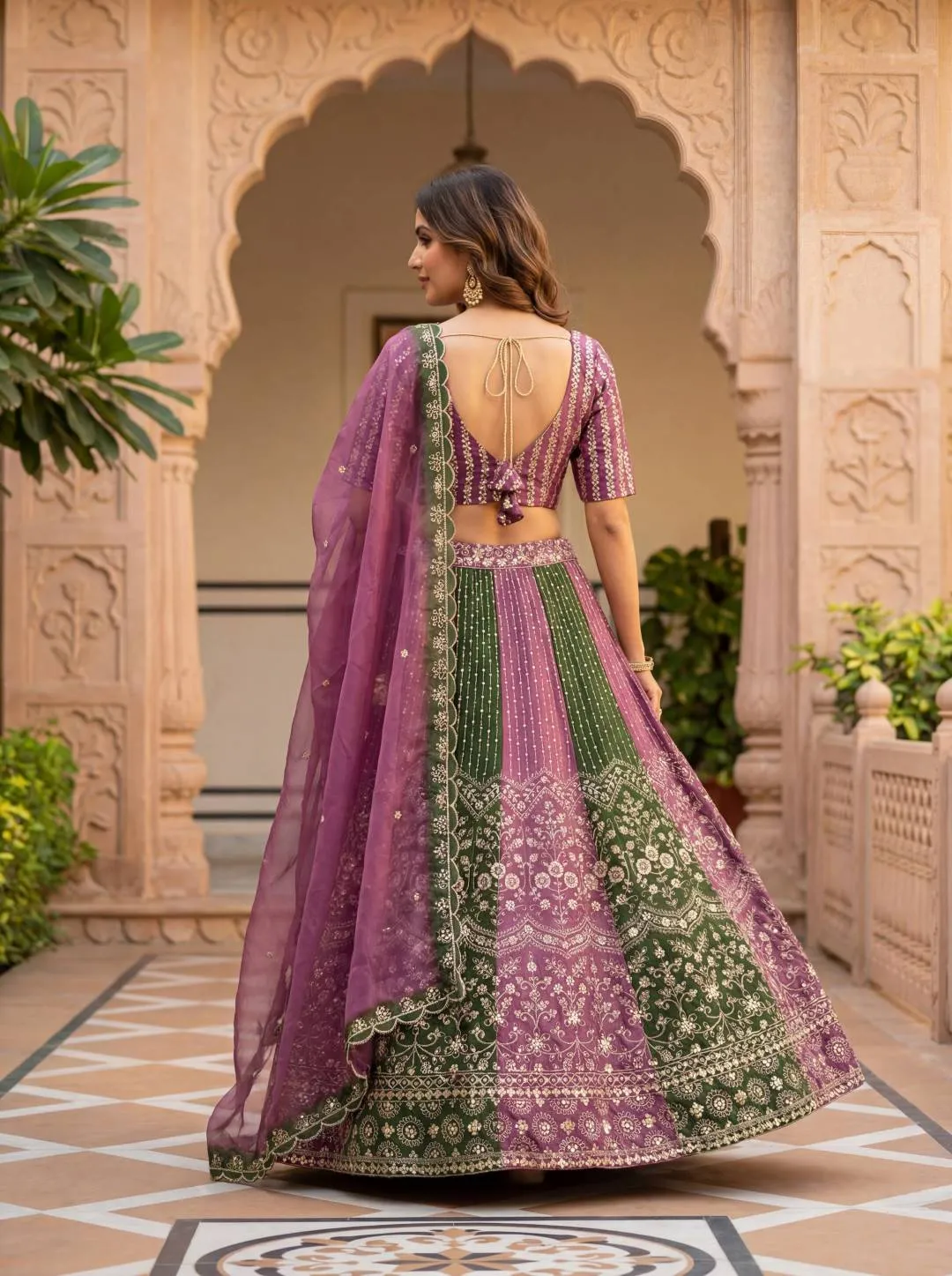 DKT 5147 Chinon Embroidery Work Wedding Lehenga Choli with Designer Dupatta – Purple & Green