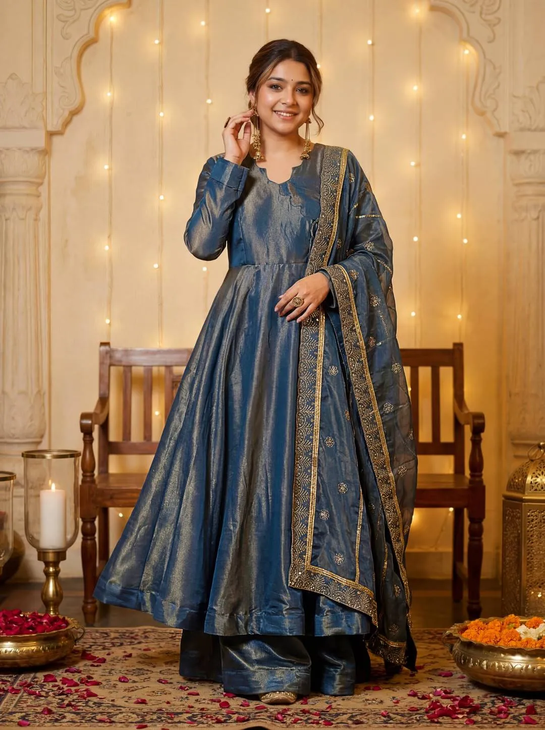 DKT 5151 Steel Blue CXN Moss Trending Festival Anarkali Gown with Palazzo & Embroidered Dupatta