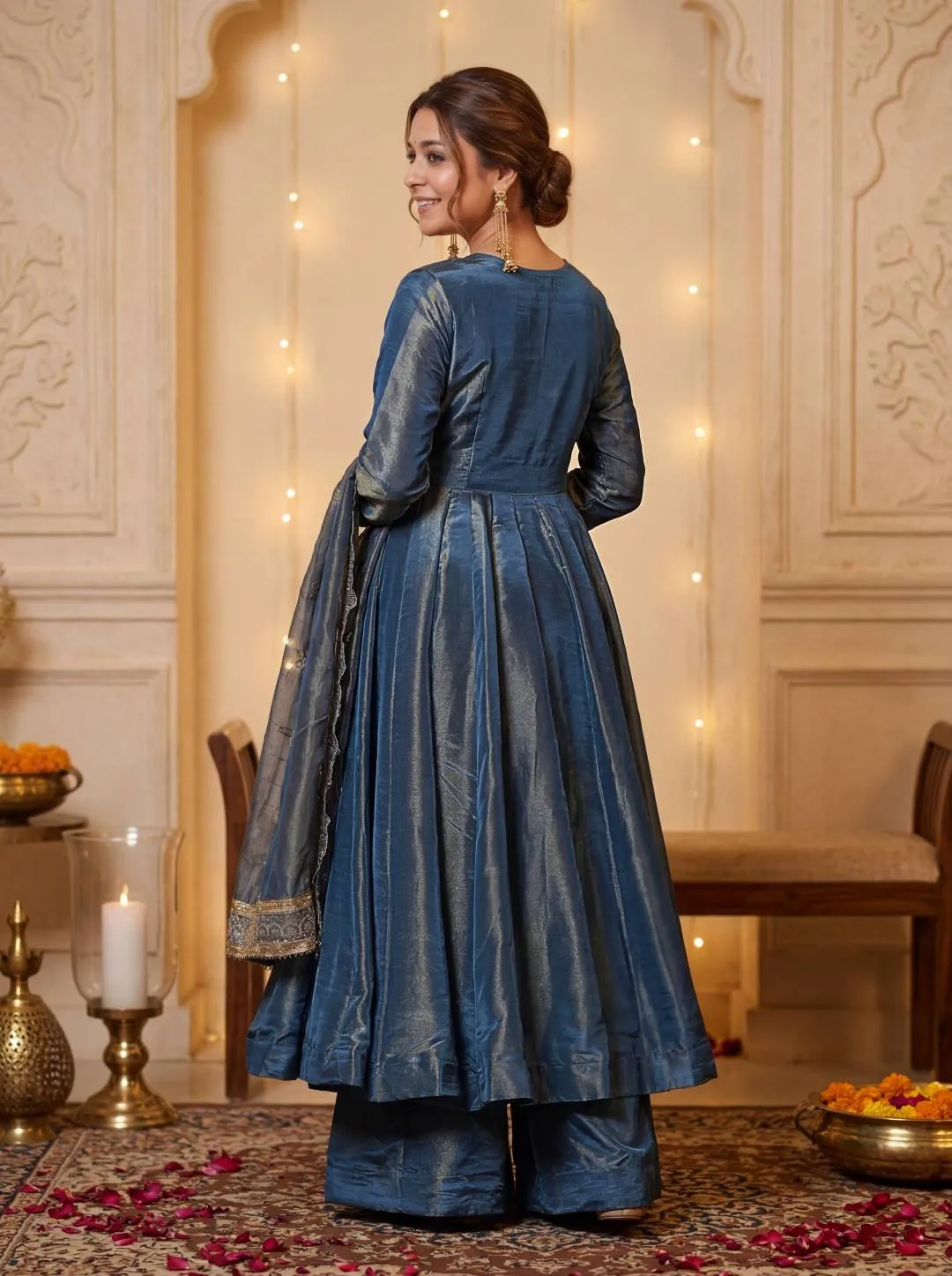 DKT 5151 Steel Blue CXN Moss Trending Festival Anarkali Gown with Palazzo & Embroidered Dupatta