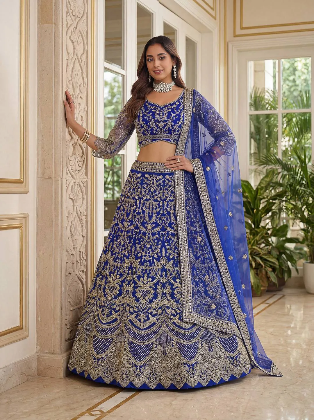 DKT 5159 Royal Blue Net Embroidery Work Wedding Lehenga Choli with Designer Dupatta