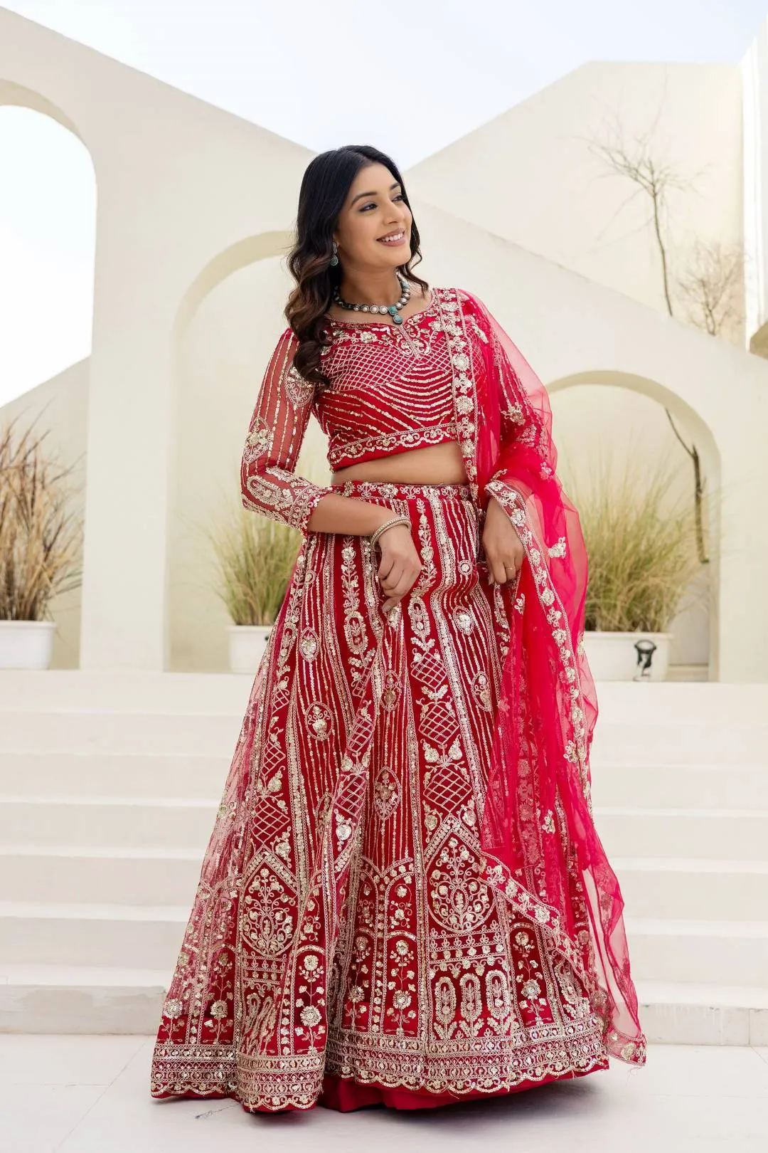 DKT 5164 Red Bridal Lehenga Choli with Heavy Sequins Embroidery & Net Dupatta for Wedding Wear