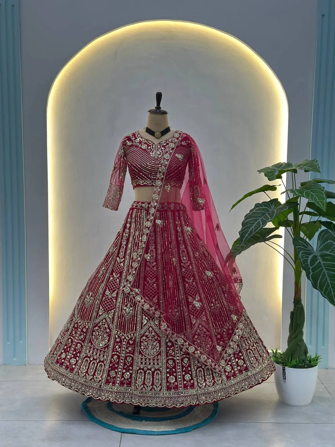 DKT 5164 Red Bridal Lehenga Choli with Heavy Sequins Embroidery & Net Dupatta for Wedding Wear