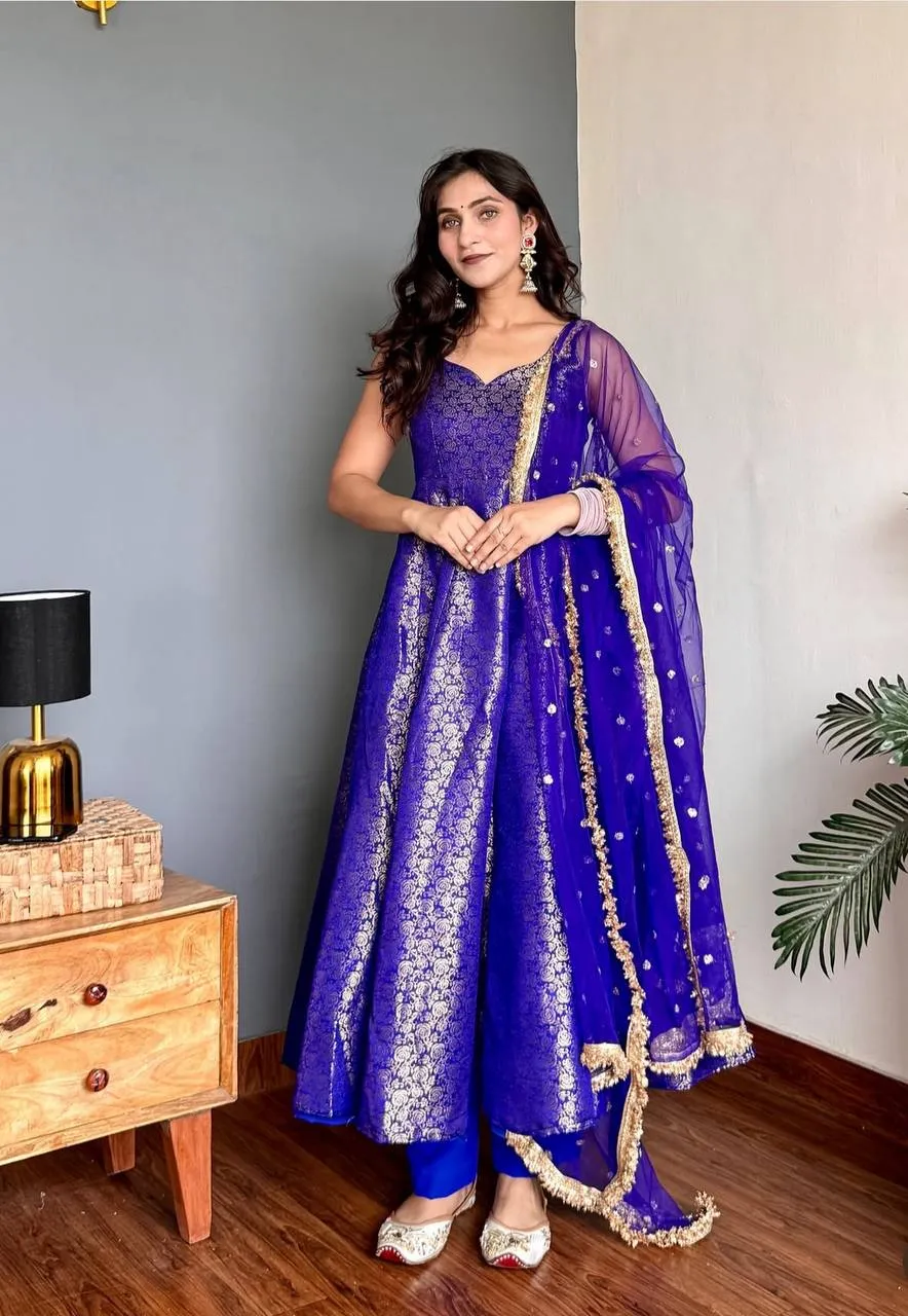 DKT 5165 Royal Blue Viscose Jacquard Banarasi Silk Festival Gown with Dupatta for Women
