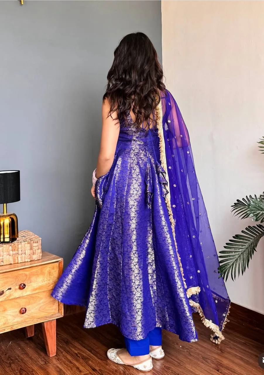 DKT 5165 Royal Blue Viscose Jacquard Banarasi Silk Festival Gown with Dupatta for Women