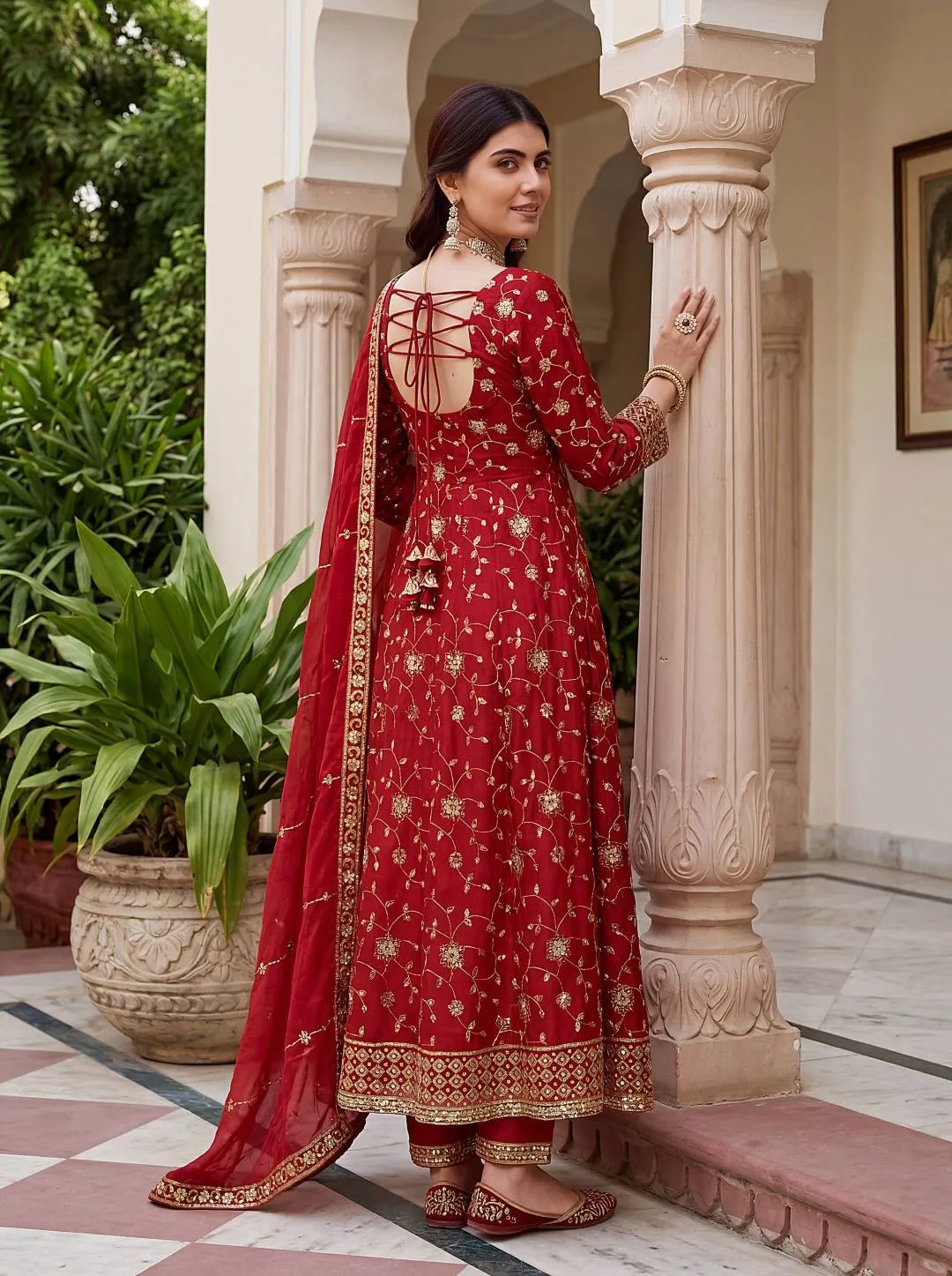 DKT 5170 Red Fandy Silk Embroidery Work Anarkali Suit with Dupatta Raksha Bandhan Gown