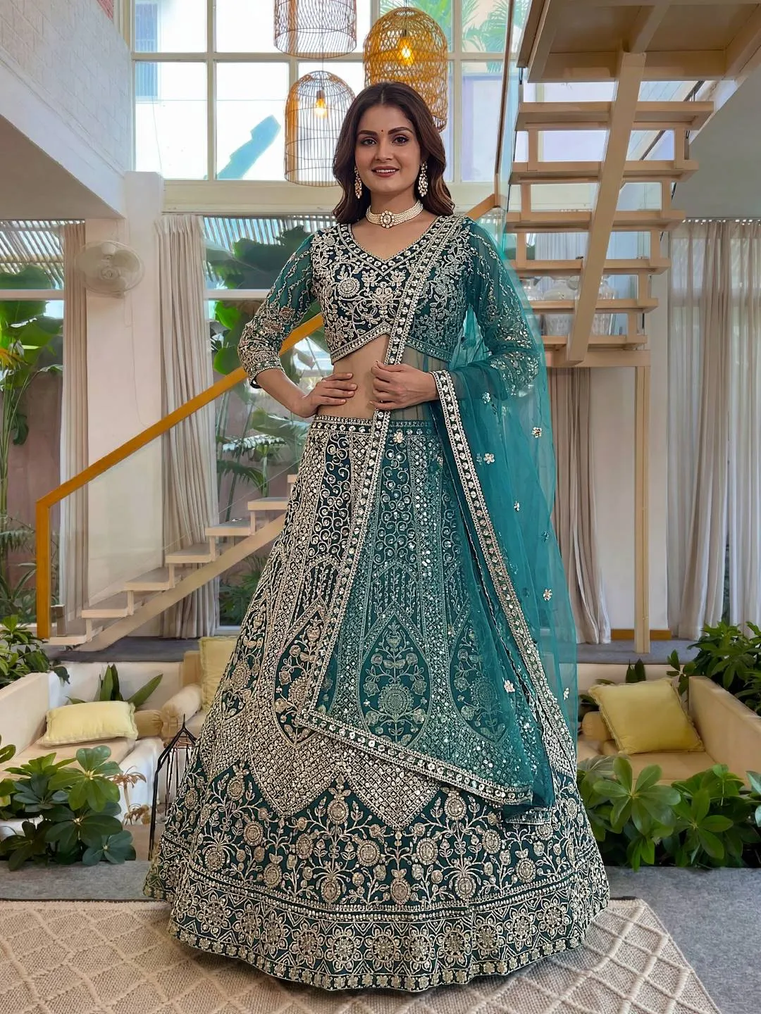 DKT 5172 Dark Teal Heavy Embroidery Wedding Lehenga Choli with Net Dupatta