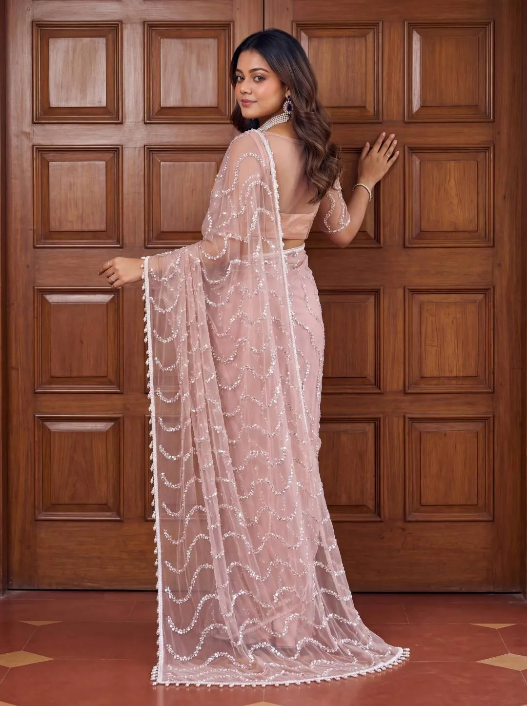 Pink Net Sequence Embroidery Party Wear Saree