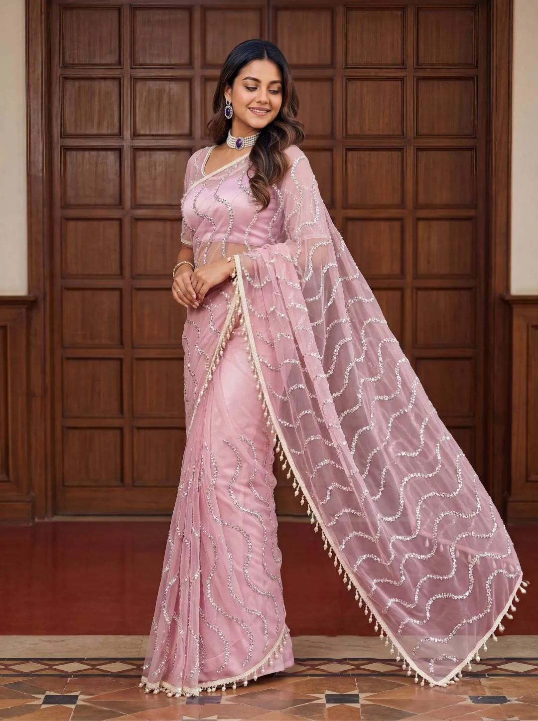Pink Net Sequence Embroidery Party Wear Saree
