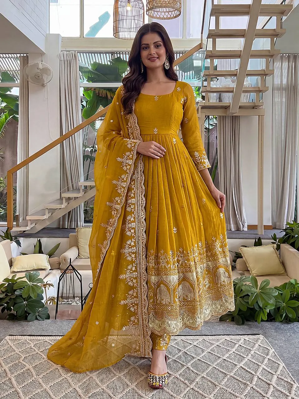 DKT 5175 Yellow Crunchy Silk Embroidery Zari Work Anarkali Gown Set With Dupatta