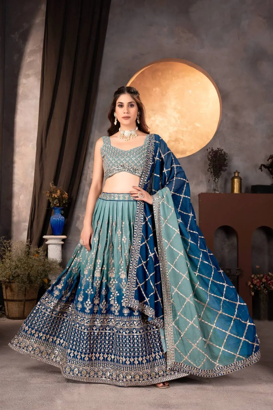DKT 9234 Sky Blue Georgette Zari Embroidery Lehenga Choli