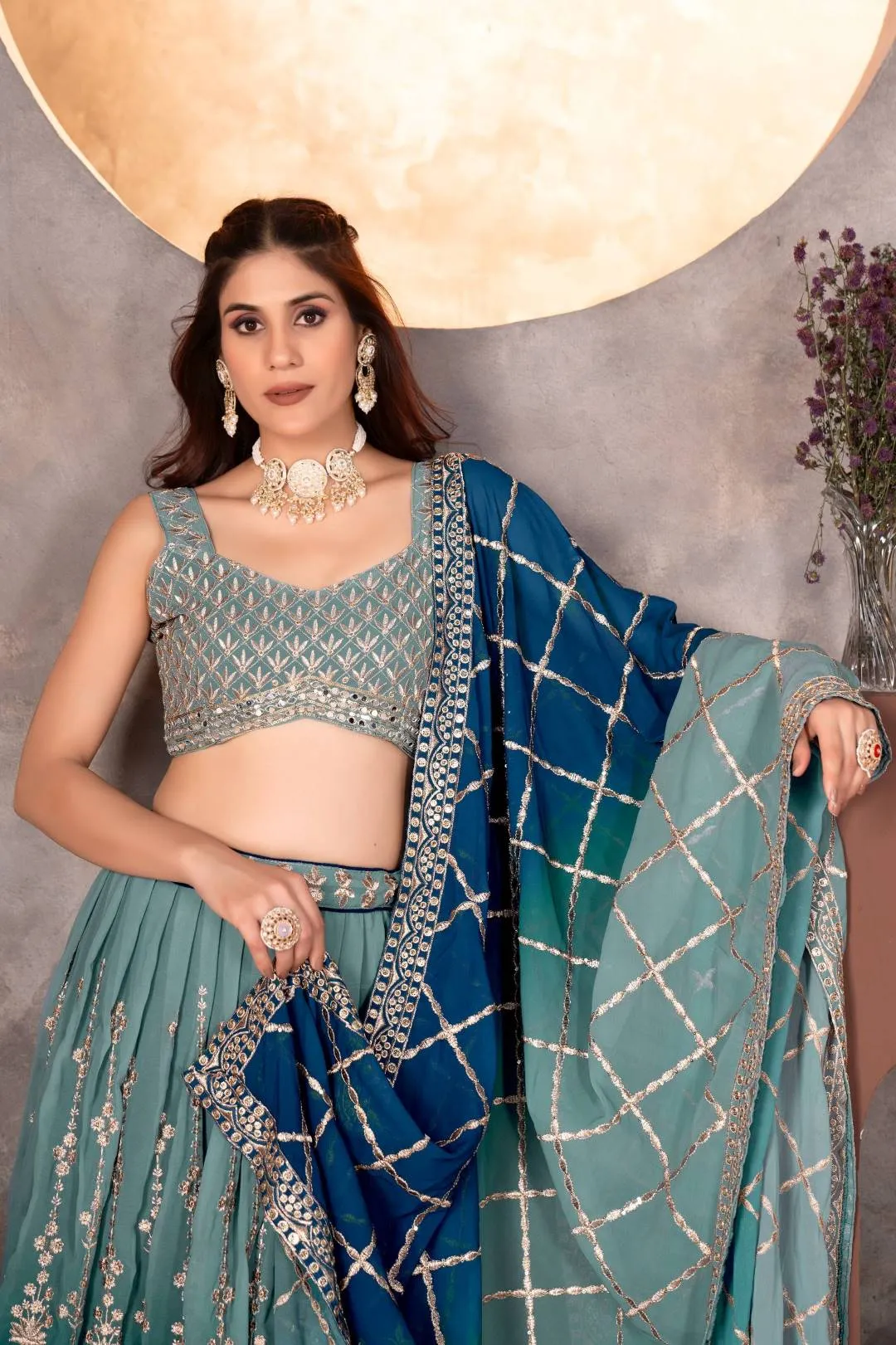 DKT 9234 Sky Blue Georgette Zari Embroidery Lehenga Choli