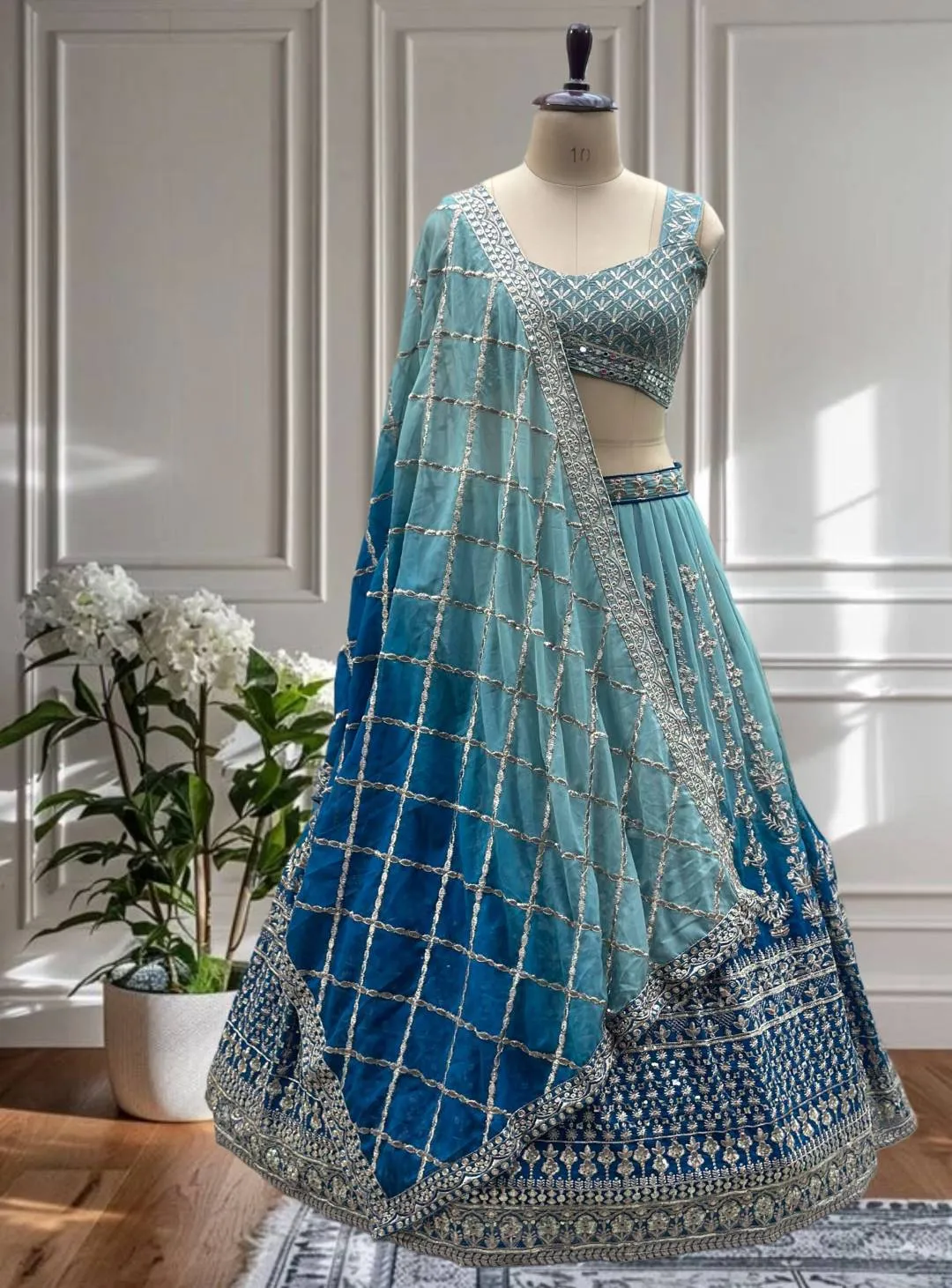 DKT 9234 Sky Blue Georgette Zari Embroidery Lehenga Choli