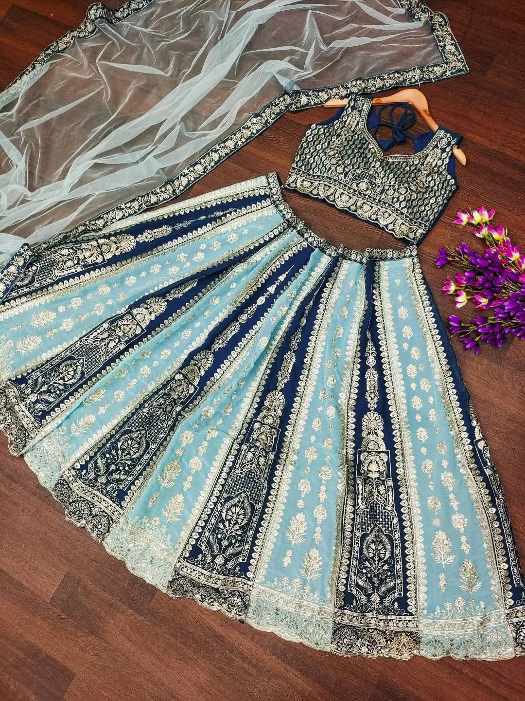 DKT 9238 Sky Blue Georgette Designer Sequins Embroidery Wedding Lehenga Choli