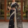 DKT Luxury Black Net Saree with Diamond Embroidery Work for Wedding & Party Wear