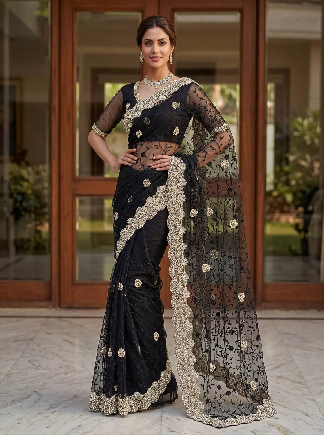 DKT Luxury Black Net Saree with Diamond Embroidery Work for Wedding & Party Wear