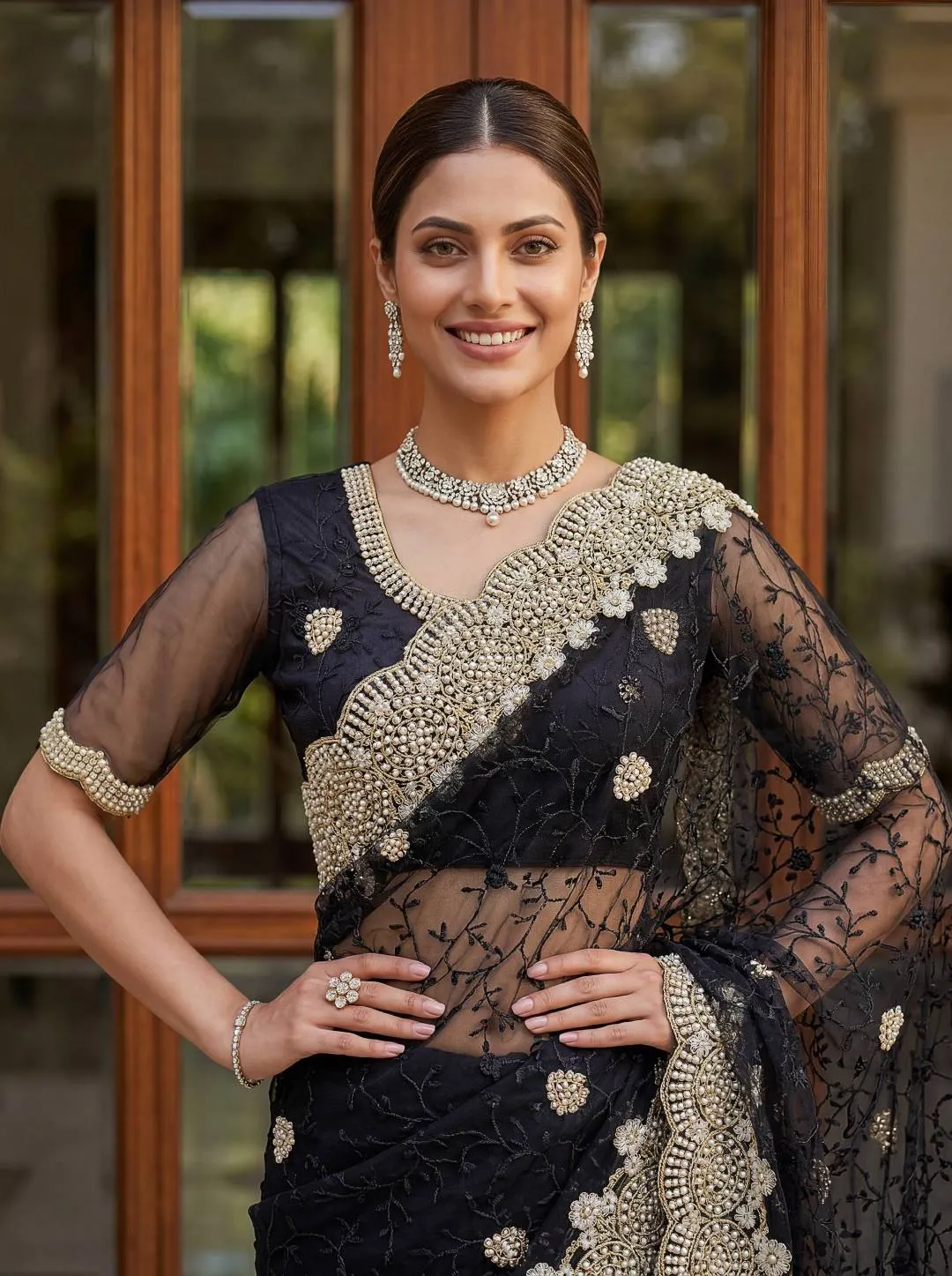 DKT Luxury Black Net Saree with Diamond Embroidery Work for Wedding & Party Wear