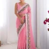 Kiara Aksaya Pink Georgette Saree with Heavy Floral Embroidery Border Designer Party Wear Saree for Women