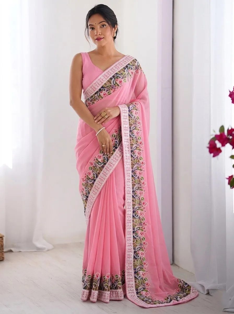 Kiara Aksaya Pink Georgette Saree with Heavy Floral Embroidery Border Designer Party Wear Saree for Women