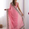 Kiara Aksaya Pink Georgette Saree with Heavy Floral Embroidery Border Designer Party Wear Saree for Women