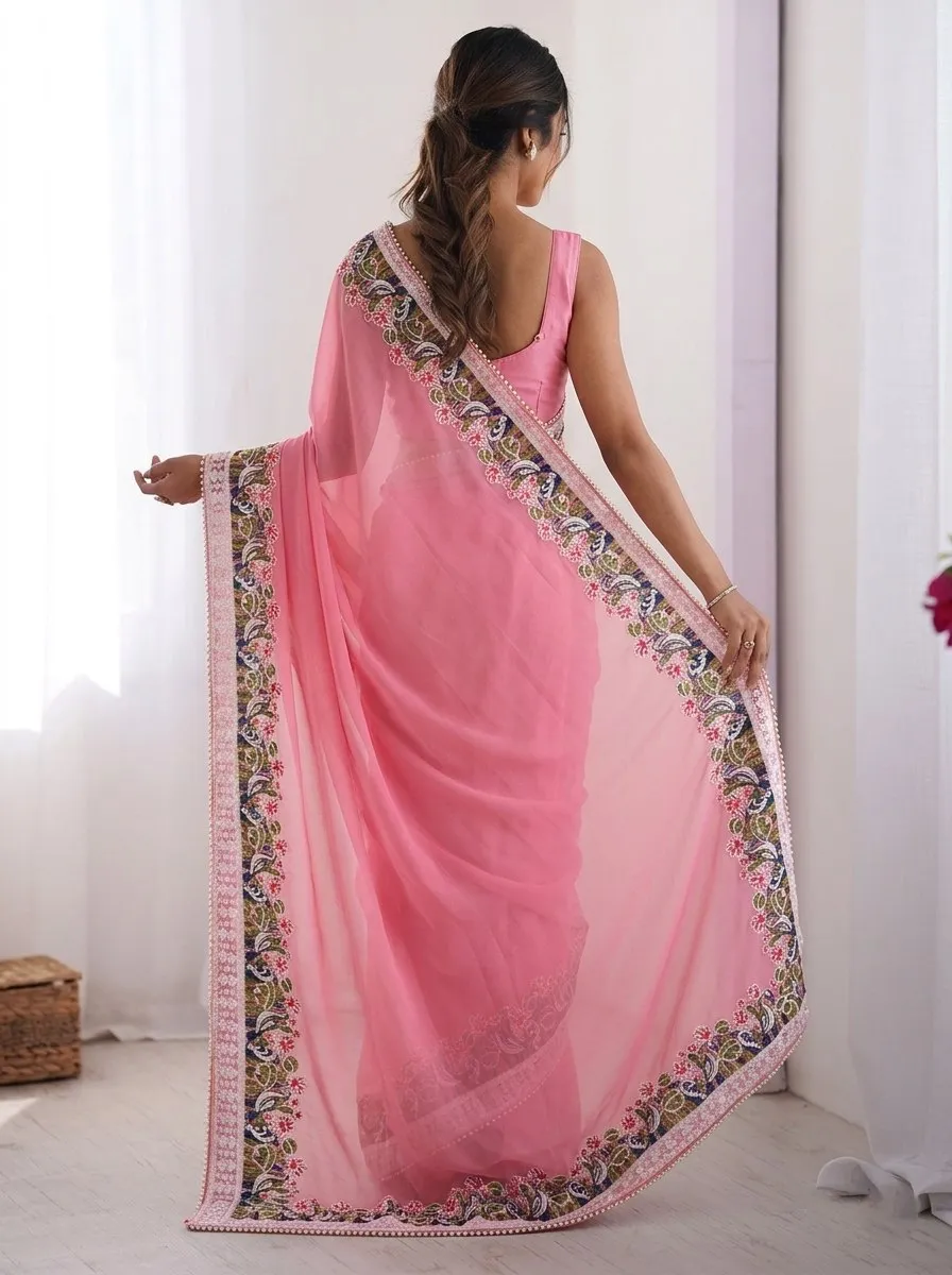 Kiara Aksaya Pink Georgette Saree with Heavy Floral Embroidery Border Designer Party Wear Saree for Women