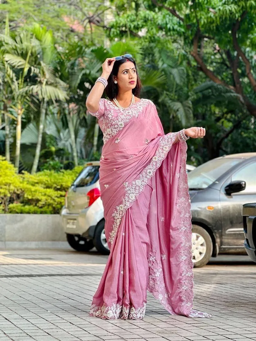 Kiara Bhakti Pink Chinon Silk Embroidery Saree for Women – Designer Floral Party Wear Saree with Heavy Embroidered Border & Blouse