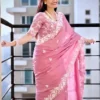Kiara Bhakti Pink Chinon Silk Embroidery Saree for Women – Designer Floral Party Wear Saree with Heavy Embroidered Border & Blouse
