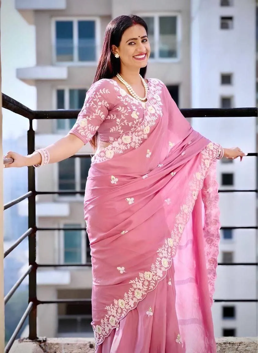 Kiara Bhakti Pink Chinon Silk Embroidery Saree for Women – Designer Floral Party Wear Saree with Heavy Embroidered Border & Blouse