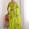 Kiara Bijal Lime Green Paper Silk Saree with Heavy Floral Embroidery Designer Festive & Wedding Wear Saree for Women