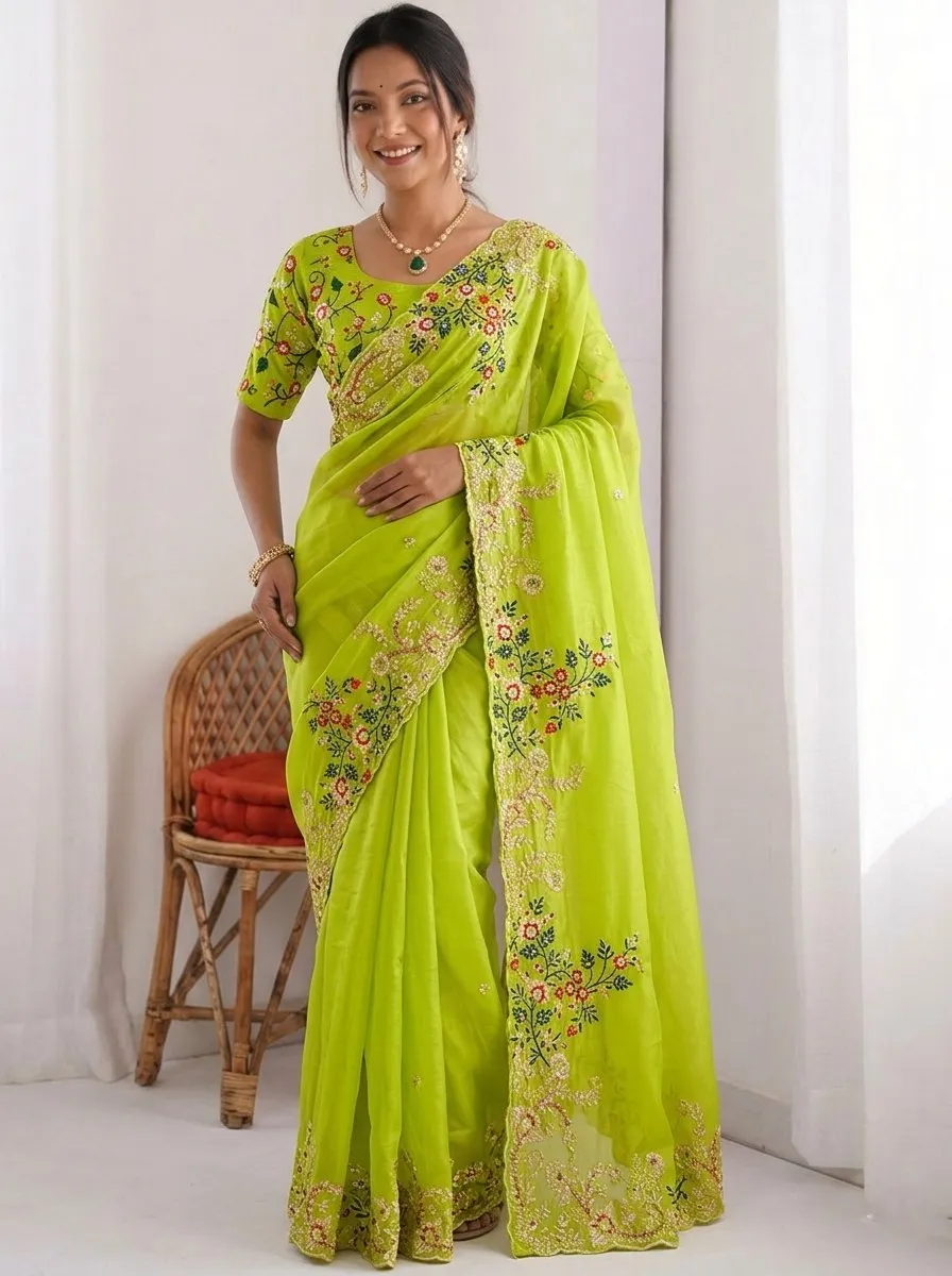 Kiara Bijal Lime Green Paper Silk Saree with Heavy Floral Embroidery Designer Festive & Wedding Wear Saree for Women
