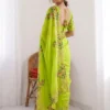 Kiara Bijal Lime Green Paper Silk Saree with Heavy Floral Embroidery Designer Festive & Wedding Wear Saree for Women