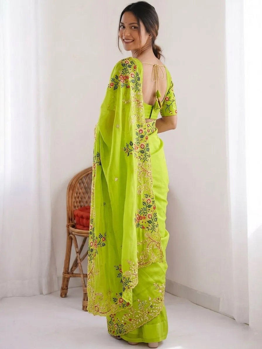 Kiara Bijal Lime Green Paper Silk Saree with Heavy Floral Embroidery Designer Festive & Wedding Wear Saree for Women