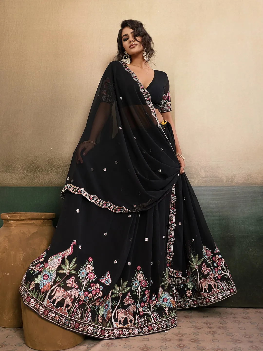 Kiara Black Georgette Lehenga Choli with Heavy Floral Embroidery Designer Party Wear Lehenga for Women