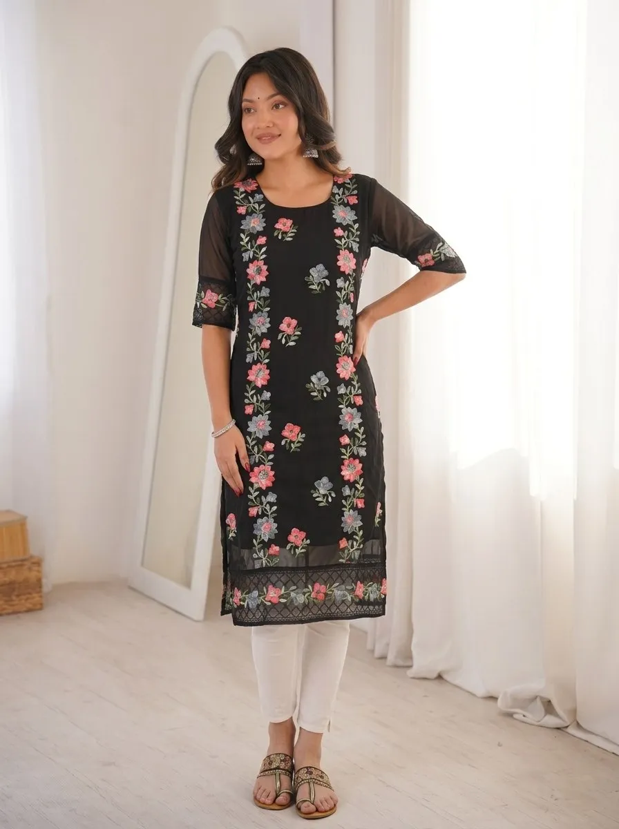 Kiara Black Georgette Floral Embroidered Kurti for Women with Lucknowi Chikankari Style Party Wear Design