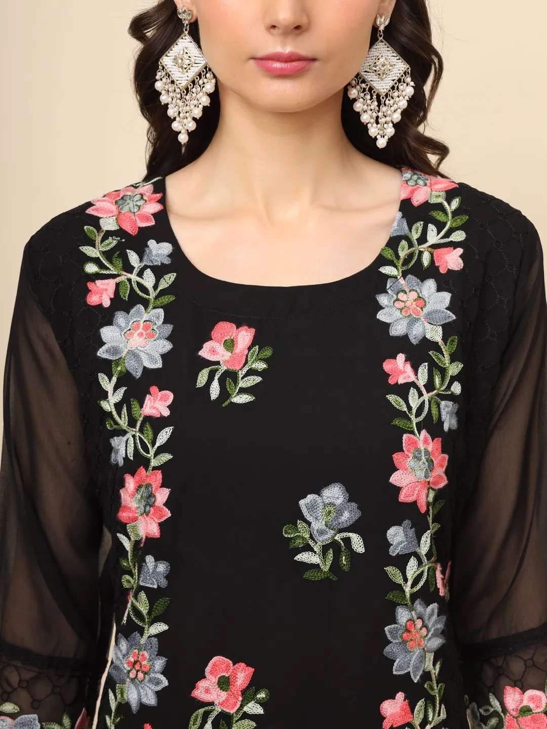 Kiara Black Georgette Floral Embroidered Kurti for Women with Lucknowi Chikankari Style Party Wear Design