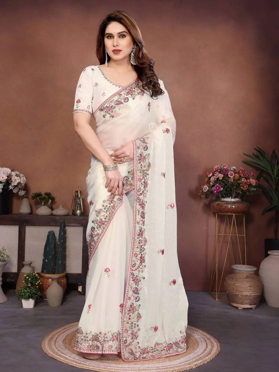 Kiara Gucci Fendy Chiffon Silk Saree with Heavy Embroidery Border Designer Party Wear Collection