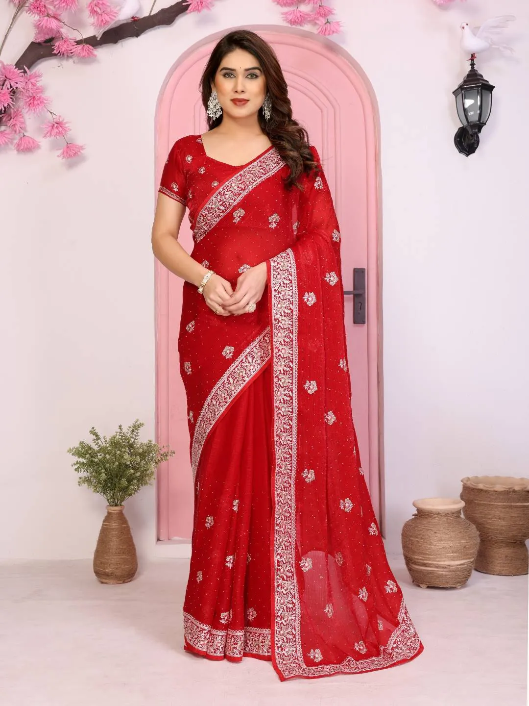 Kiara Hammers2 Red Chiffon Silk Embroidery Saree for Women – Designer Party Wear Wedding Saree with Heavy Embroidered Border & Blouse
