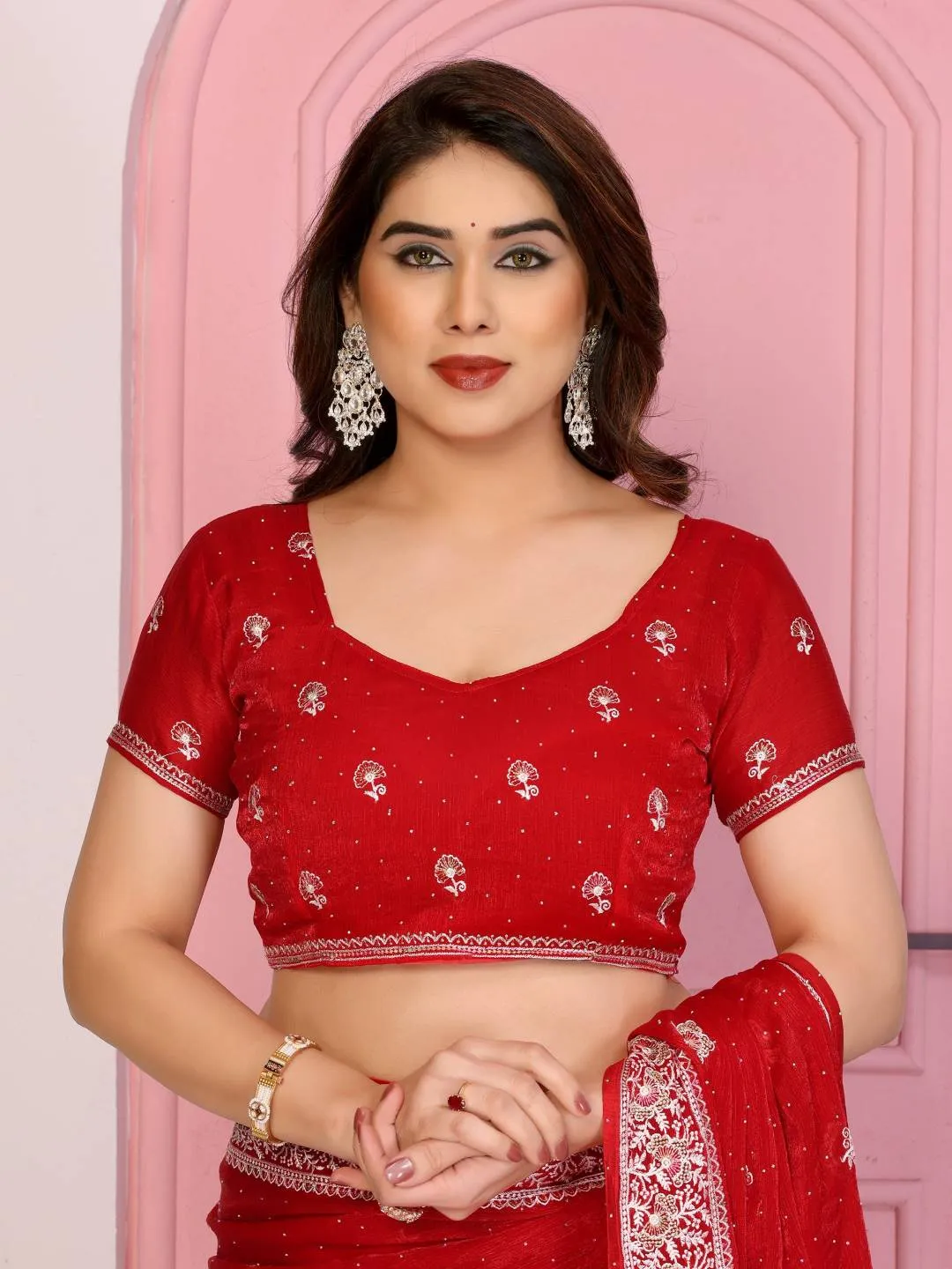 Kiara Hammers2 Red Chiffon Silk Embroidery Saree for Women – Designer Party Wear Wedding Saree with Heavy Embroidered Border & Blouse