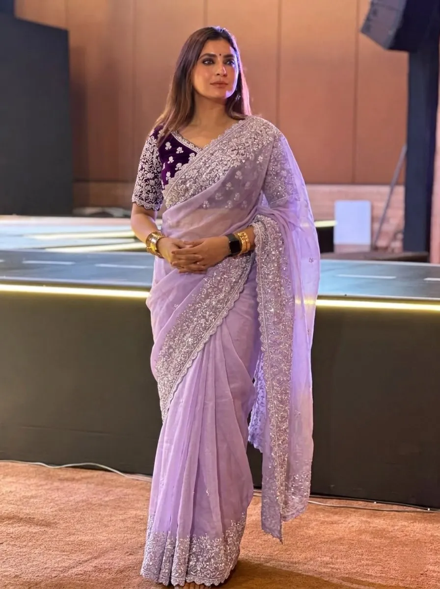 Kiara Lavender Organza Saree with Heavy Embroidery Sequence Border Party Wear Wedding Collection