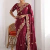 Kiara Mango Wine Rangoli Silk Saree with Heavy Paisley Embroidery Border Designer Wedding & Festive Wear Saree for Women