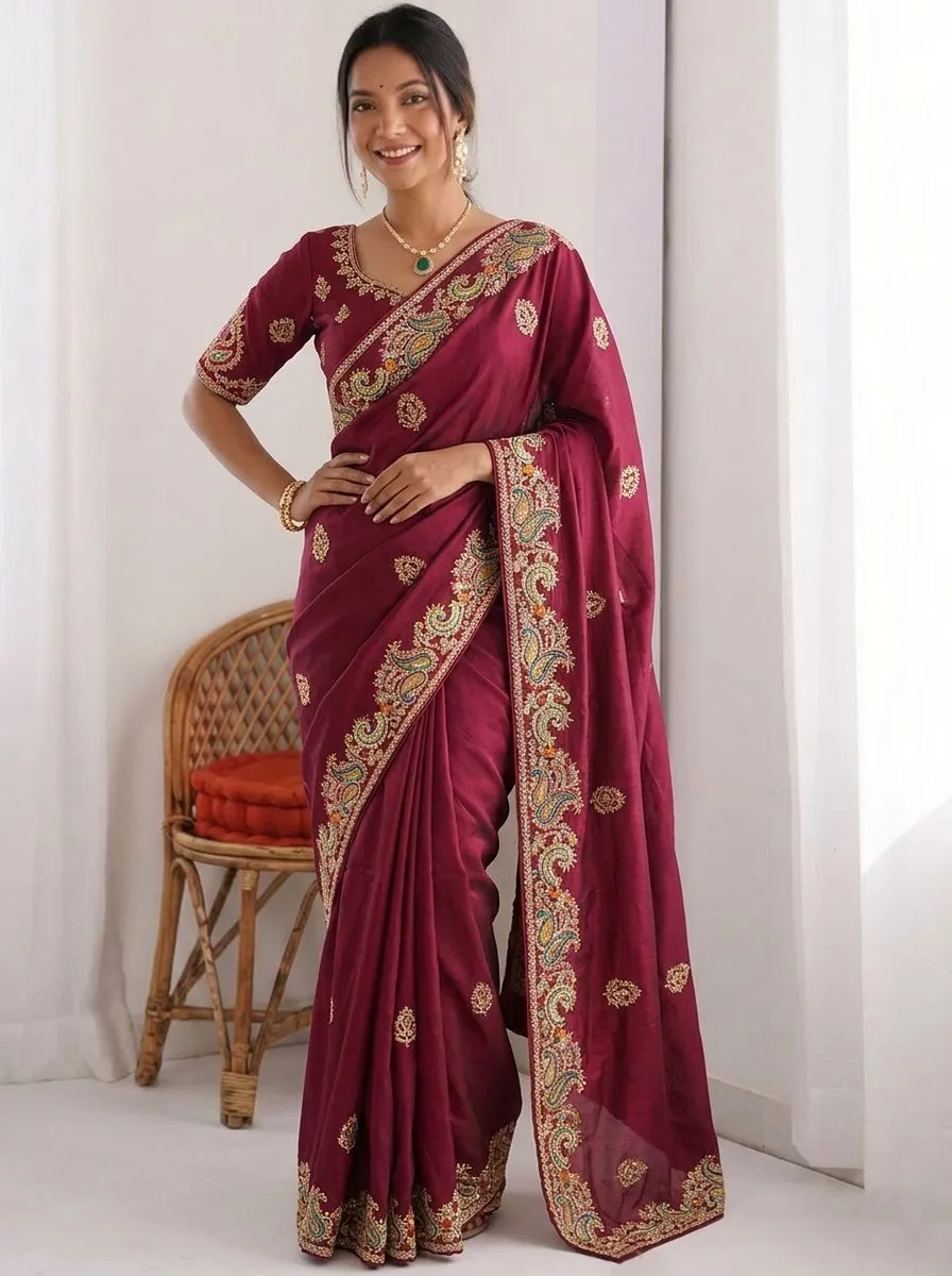 Kiara Mango Wine Rangoli Silk Saree with Heavy Paisley Embroidery Border Designer Wedding & Festive Wear Saree for Women