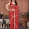 Kiara Taniska Red Georgette Bandhej Saree with Embroidery Lace Border Party Wear