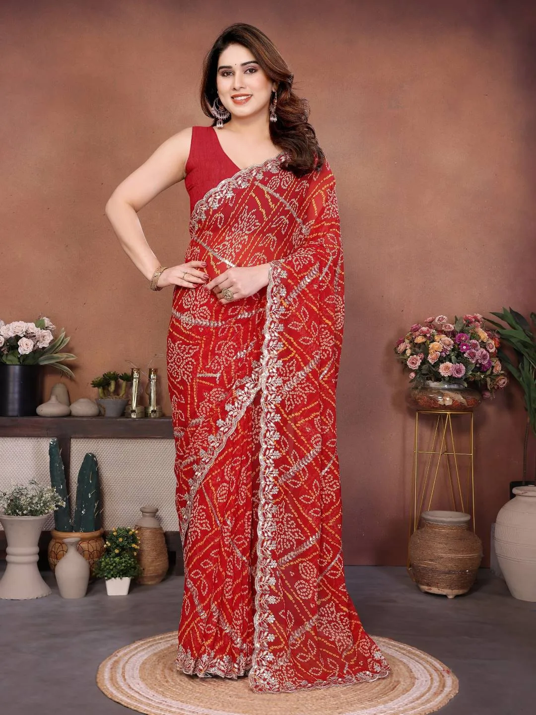 Kiara Taniska Red Georgette Bandhej Saree with Embroidery Lace Border Party Wear