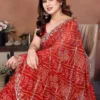 Kiara Taniska Red Georgette Bandhej Saree with Embroidery Lace Border Party Wear