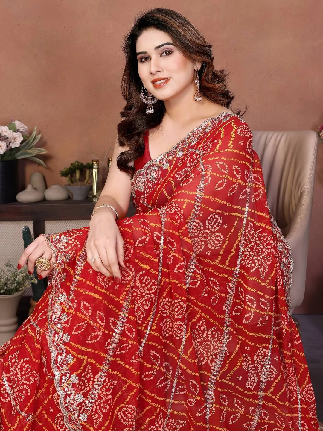 Kiara Taniska Red Georgette Bandhej Saree with Embroidery Lace Border Party Wear