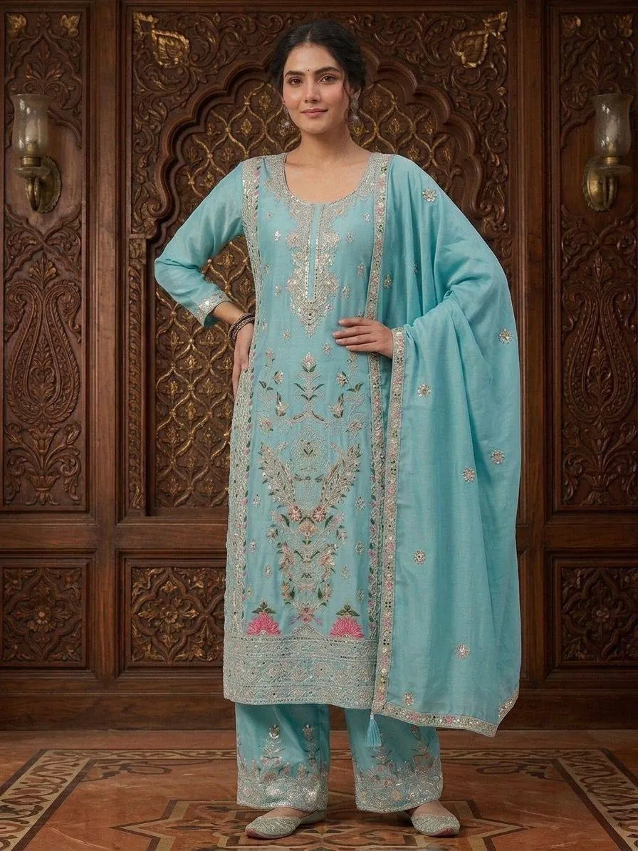 NFD 5062 Chinon Silk kurti pent duppata Embroidery Readymade Dress