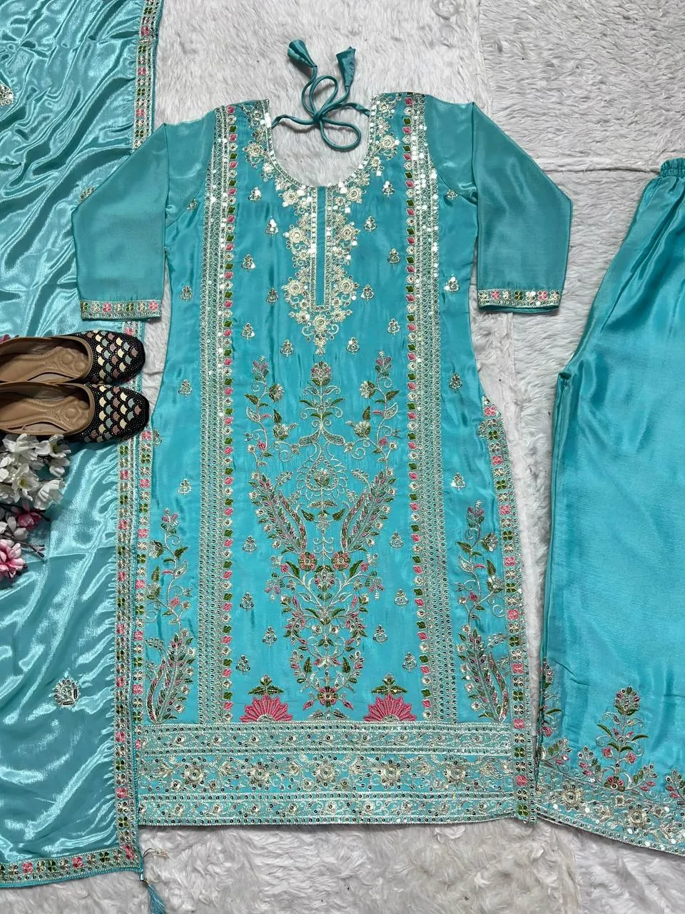 NFD 5062 Chinon Silk kurti pent duppata Embroidery Readymade Dress